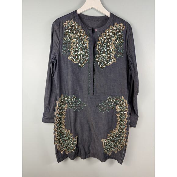 Antik Batik Beaded Alice Djellabah Chambray Shirt Dress Sz 40 M 8 Bohemian Artsy - Picture 1 of 15